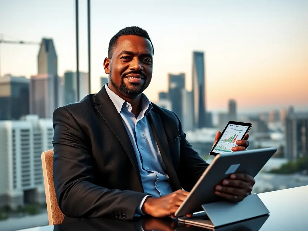 An image of a financial advisor analyzing investment portfolios on a digital tablet with South African cityscape in the background, representing Investment Strategies.