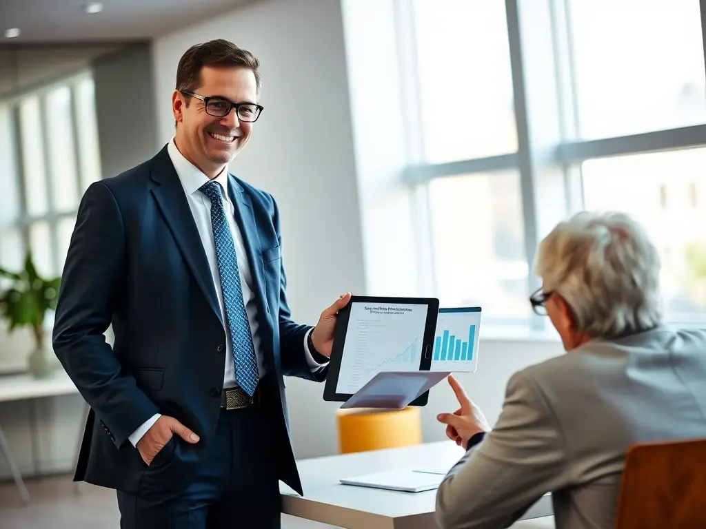 An image of a financial advisor analyzing investment portfolios on a digital tablet with South African cityscape in the background, symbolizing tailored investment strategies.