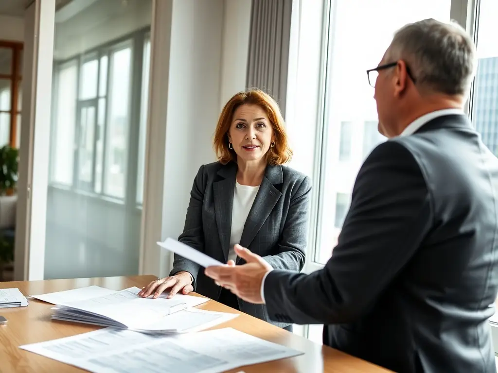 A professional financial advisor discussing wealth plans with a client in a modern office setting, representing Wealth Management.