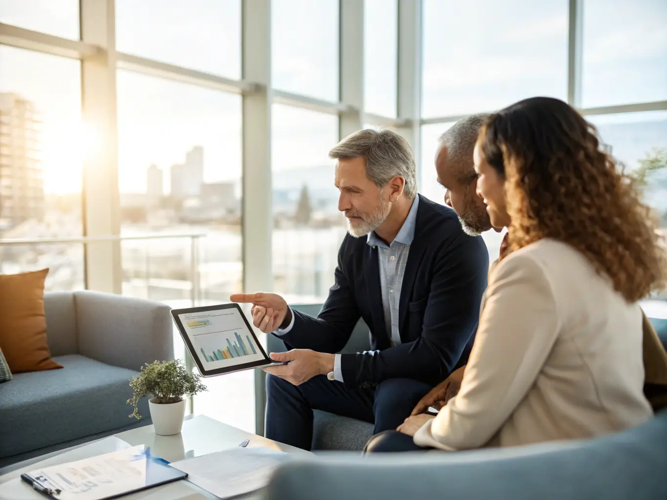 A couple reviewing financial documents and planning their future with a consultant, representing Financial Planning.