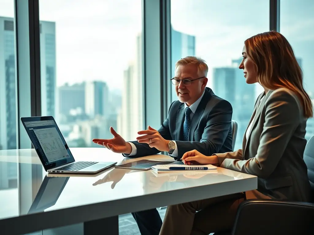 A professional financial advisor discussing wealth plans with a client in a modern office setting, representing comprehensive wealth management services.